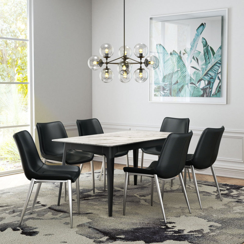Dining Chair, Set of 2, Faux Vinyl Leather, Steel, Black, Silver, Cafe Bistro