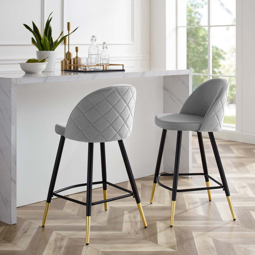 Counter Stool Chair, Set of 2, Velvet, Metal, Gray, Modern, Bar Pub Bistro