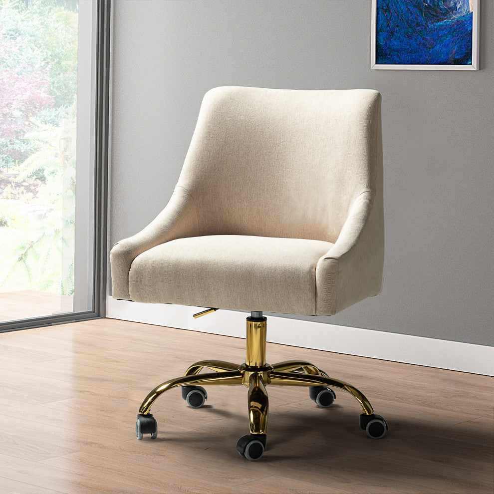 Upholstered Swivel Task Chair With Golden Base, Tan