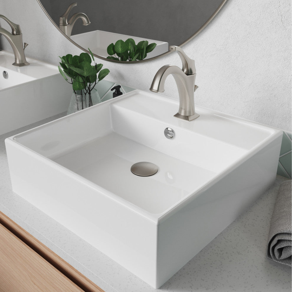 Elavo Square Ceramic Vessel Sink, Bathroom Arlo Faucet, Drain, SFS Stainless