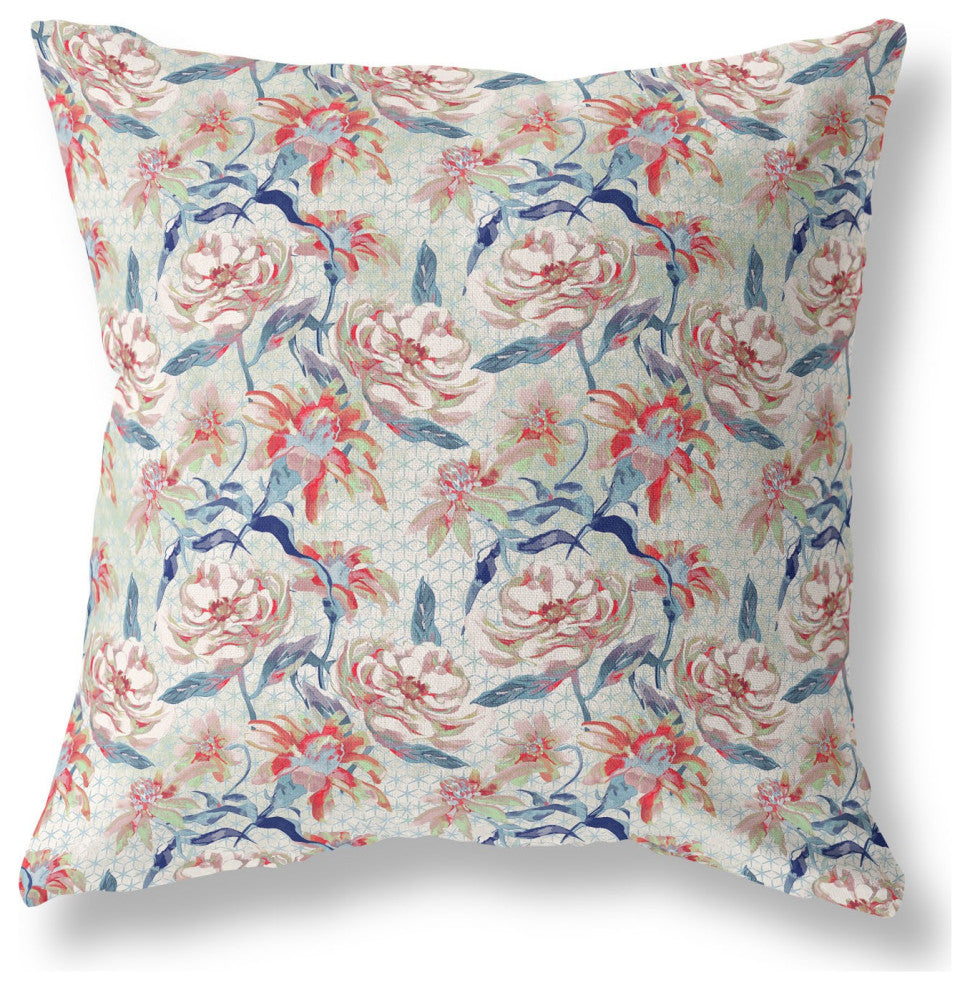 20" Red Indigo Roses Indoor Outdoor Throw Pillow