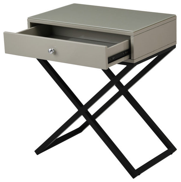 Koda Wooden Side Table Nightstand, Glass Top, Drawer & Metal Base, Taupe