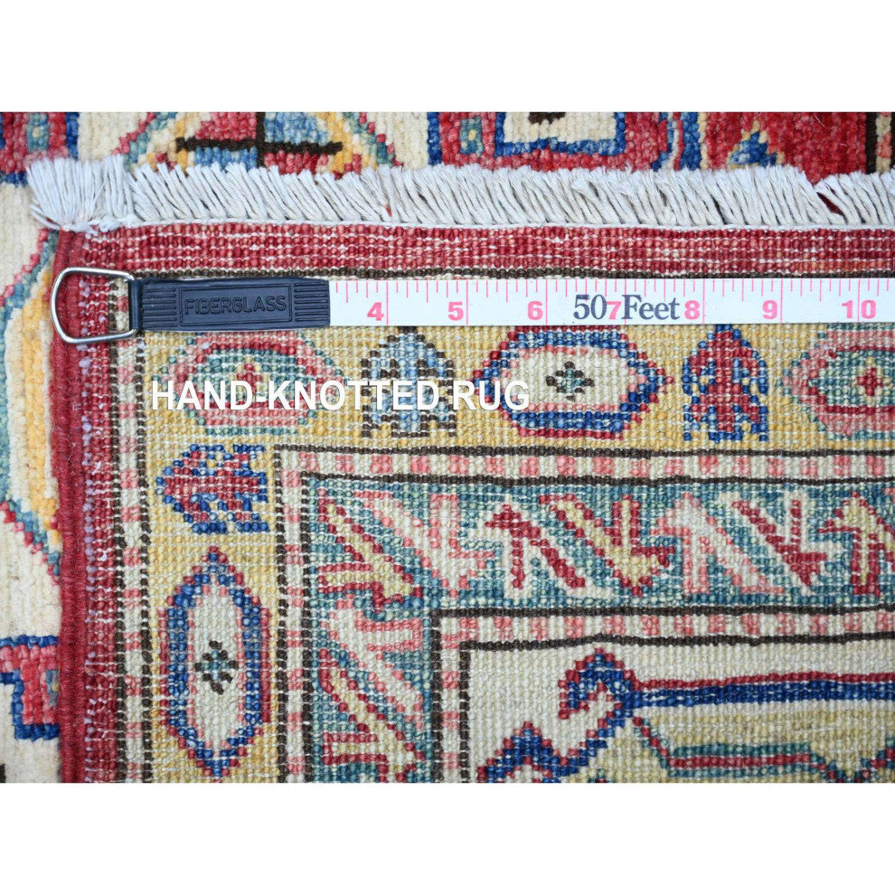Rusty Red 100% Wool Afghan Super Kazak Weave Hand Knotted Rug, 6'11"x9'8"