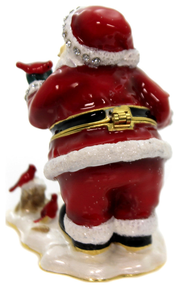 Hinged Trinket Santa With Cardinal Box Christmas Feeding Birds Decorative Boxes