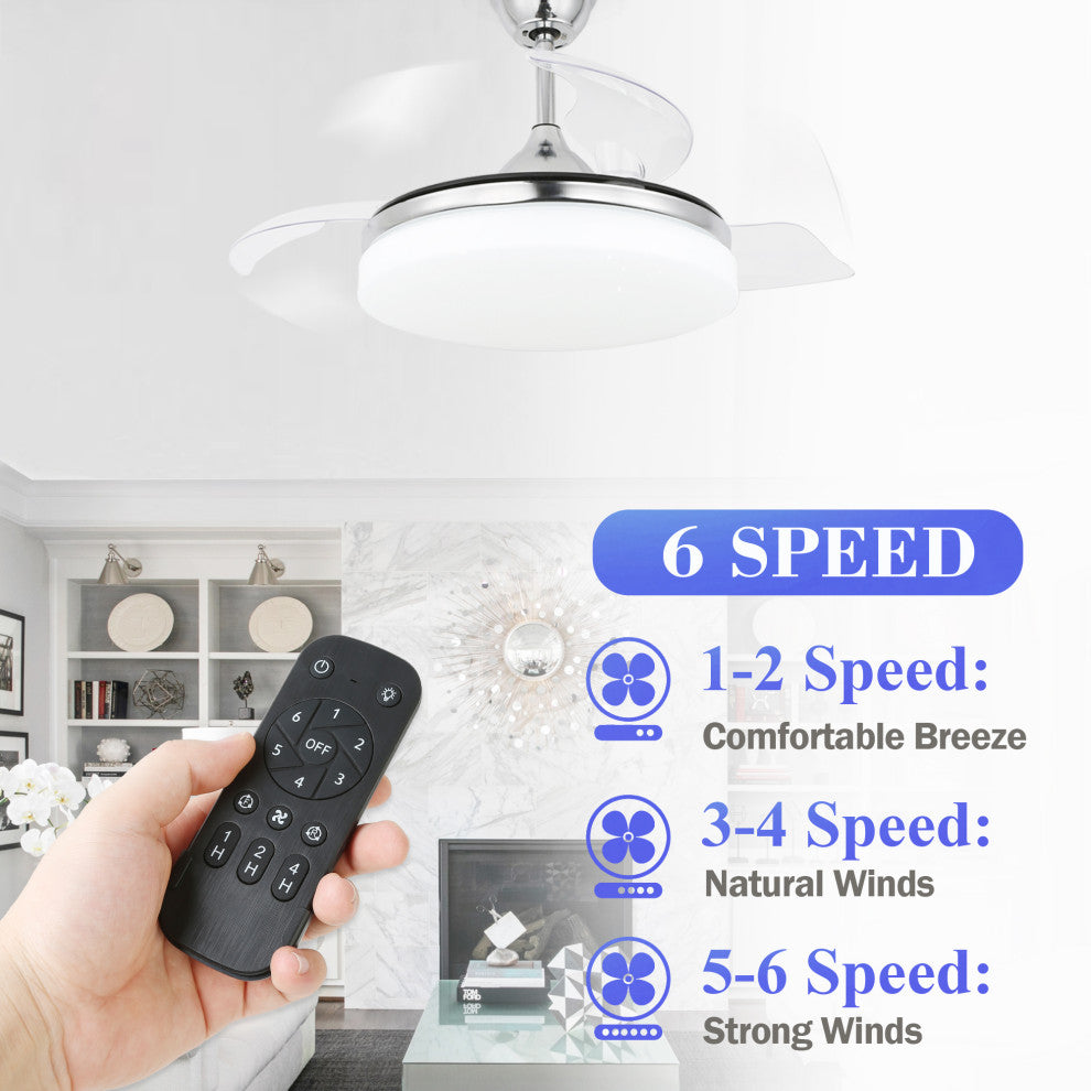 42" Reversible Ceiling Fan with Retractable Blade and Led Light 36W, Chrome, 42"