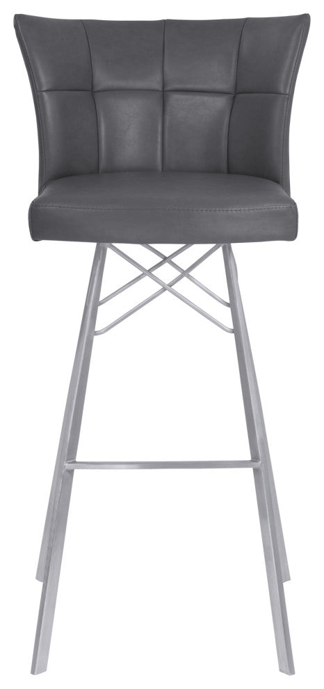 Spago 30" Bar Height Barstool In Gray Faux Leather, Brushed Stainless Steel