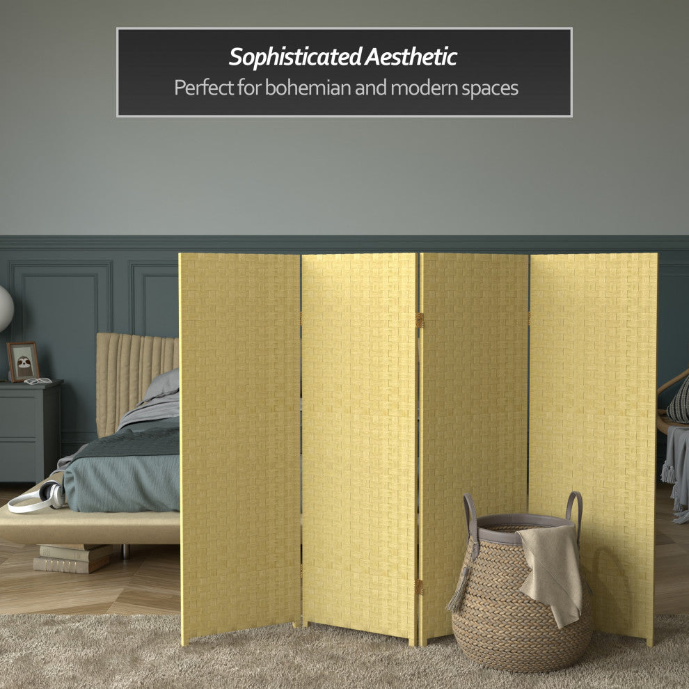 4'' Tall Woven Fiber Room Divider, Dark Beige, 4 Panel