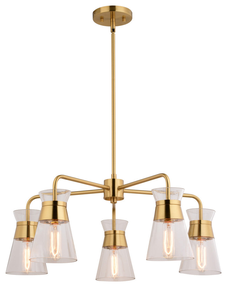Harper 5 Light Gold Brass Mid-Century Modern Chandelier Clear Glass