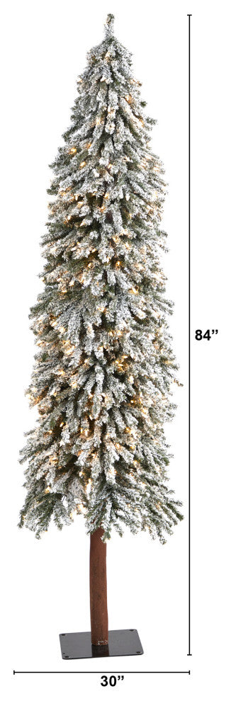 7' Flocked Grand Alpine Faux Xmas Tree W/Lights, Bendable Branches