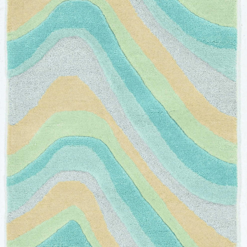 8' Ocean Blue Beige Hand Tufted Abstract Waves Indoor Runner Rug