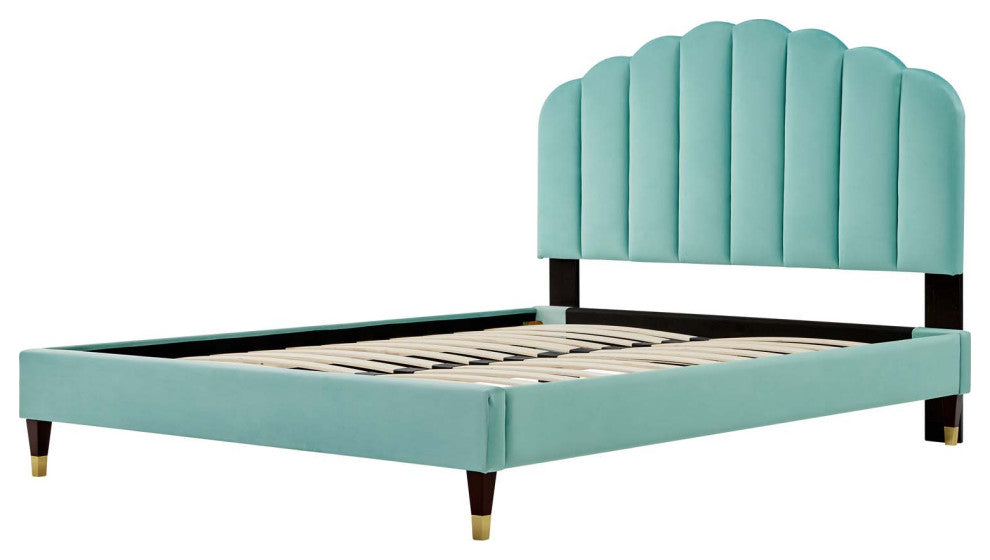 Platform Bed Frame, Queen Size, Blue, Velvet, Modern, Bedroom Guest Suite