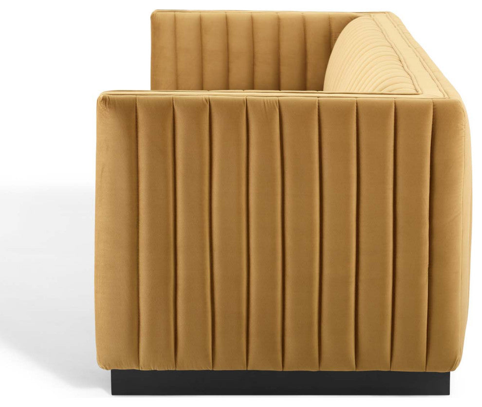 Tufted Sofa, Velvet, Brown, Modern, Living Lounge Room Hotel Lobby Hospitality