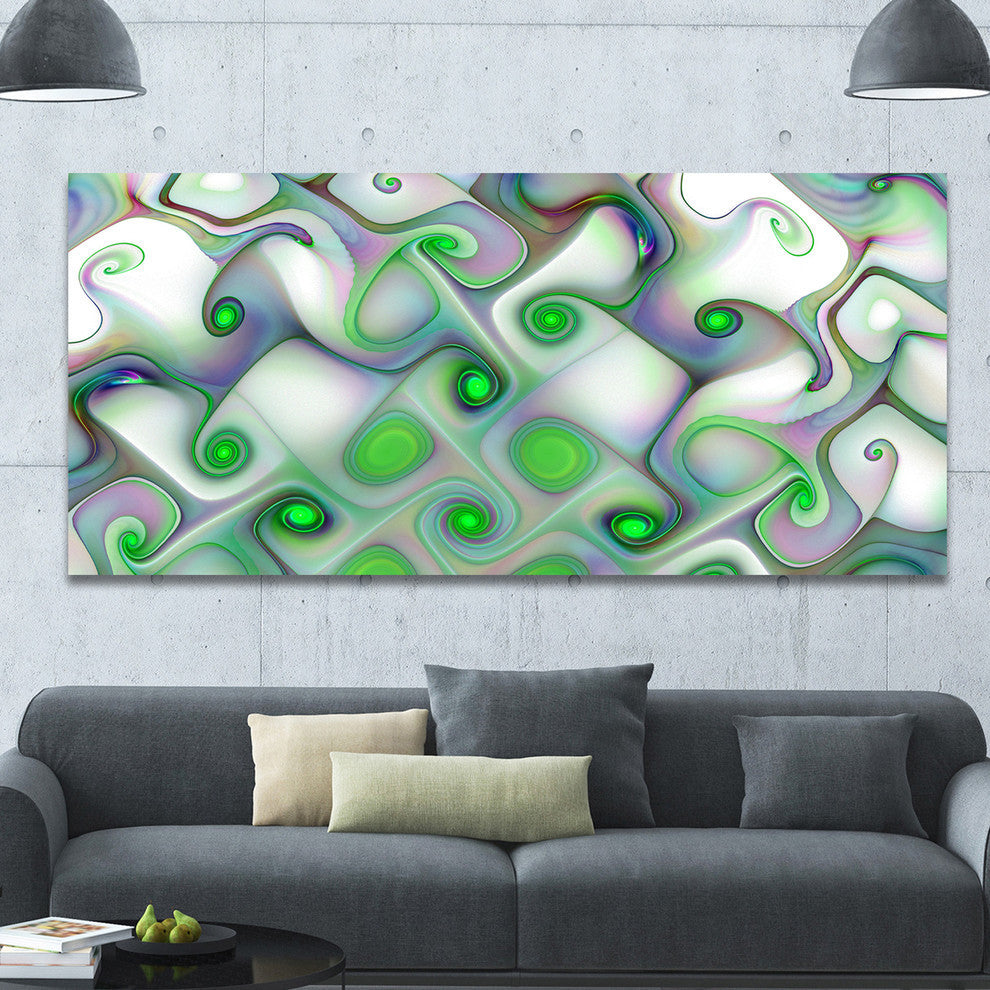 White Green Pattern with Swirls, Oversized Abstract Canvas Art Print, 60x28