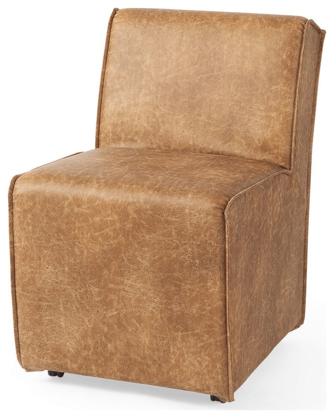 Set of Two Brown Upholstered Faux Leather Side Chairs With Wheels