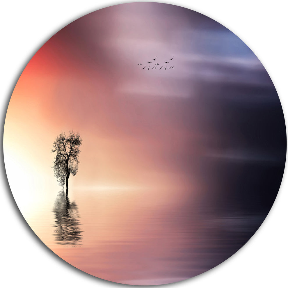 Lonely Tree And Birds Panorama, Round Metal Wall Art Landscape, 11"