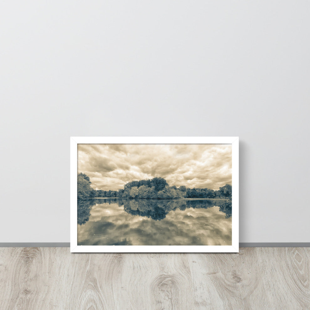 Autumn Reflections Rural Landscape Sepia Framed Photo Paper Wall Art Prints, White, 12" X 18"