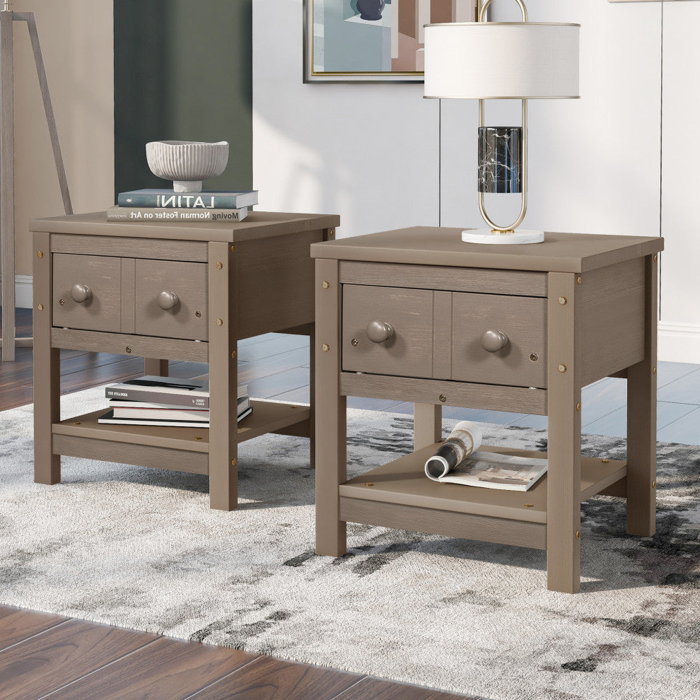 1-Drawer Wood Nightstand with Open Shelf (Set of 2) , Light Brown, 19'' X 16''