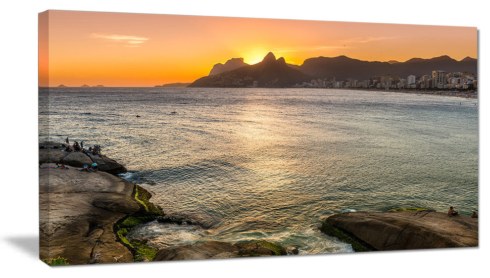 "Ipanema in Rio De Janeiro Sunset" Seascape Art Canvas, 40"x20"