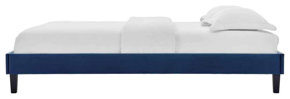 Platform Bed Frame, Queen Size, Velvet, Blue Navy, Modern Contemporary, Bedroom