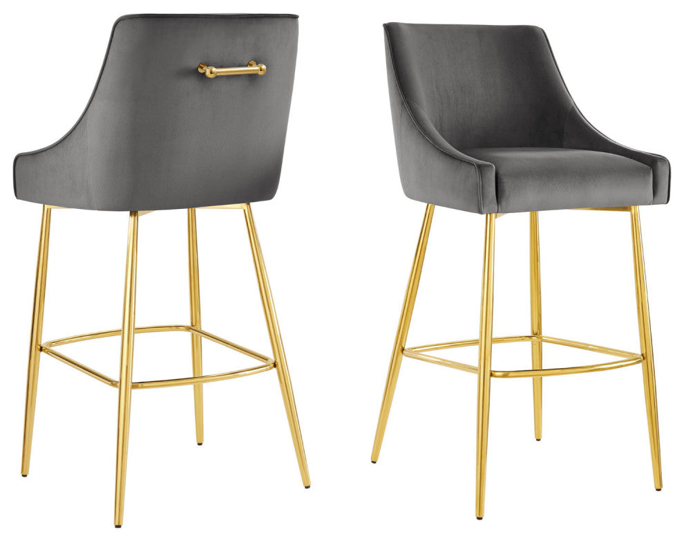 Bar Stool Chair Barstool, Set of 2, Gray, Velvet, Modern, Mid Century