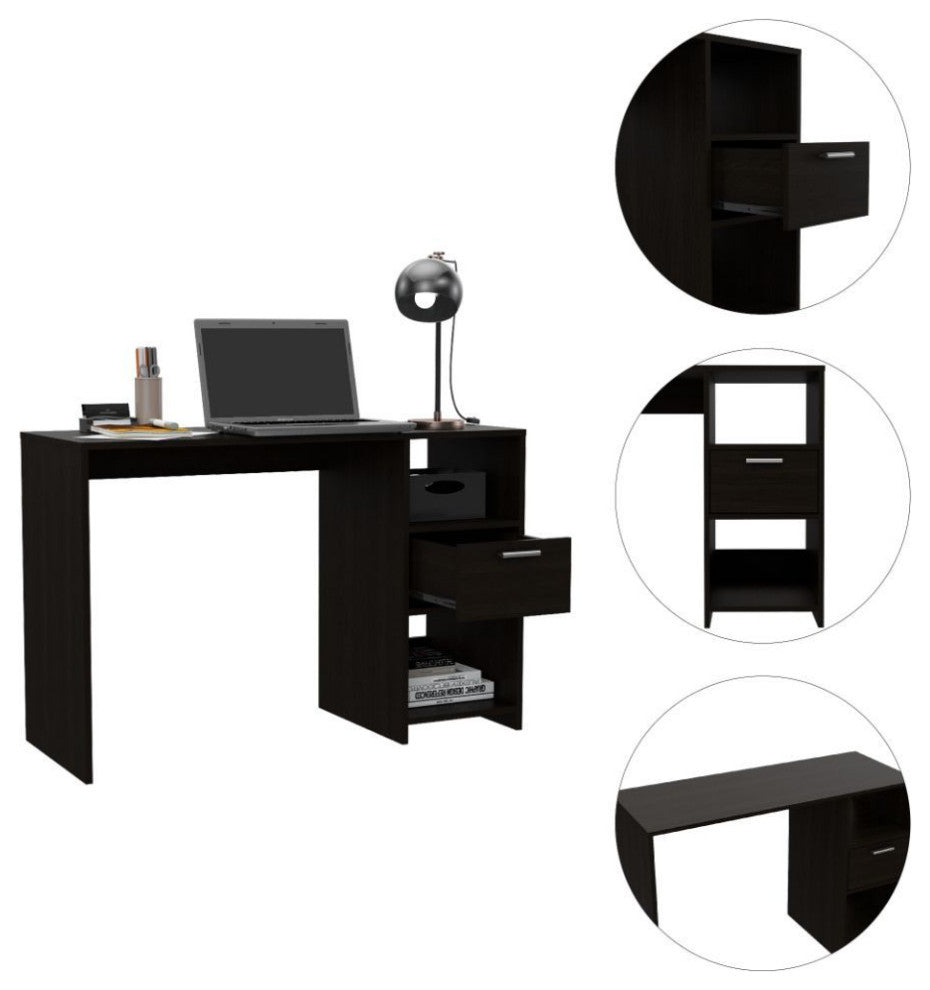 Naxos Computer Desk with Drawer, 2 Open Storage Shelves, and Legs, Smokey Oak