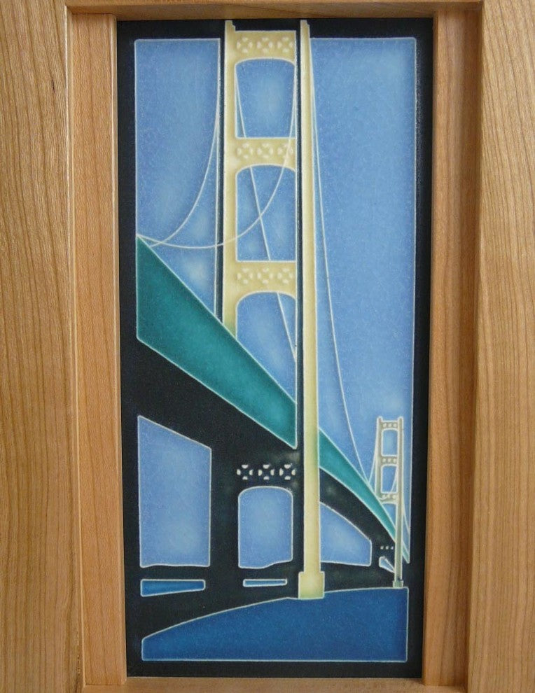 Craftsman Style Cherry Mantel Clock with Suspension Bridge Tile