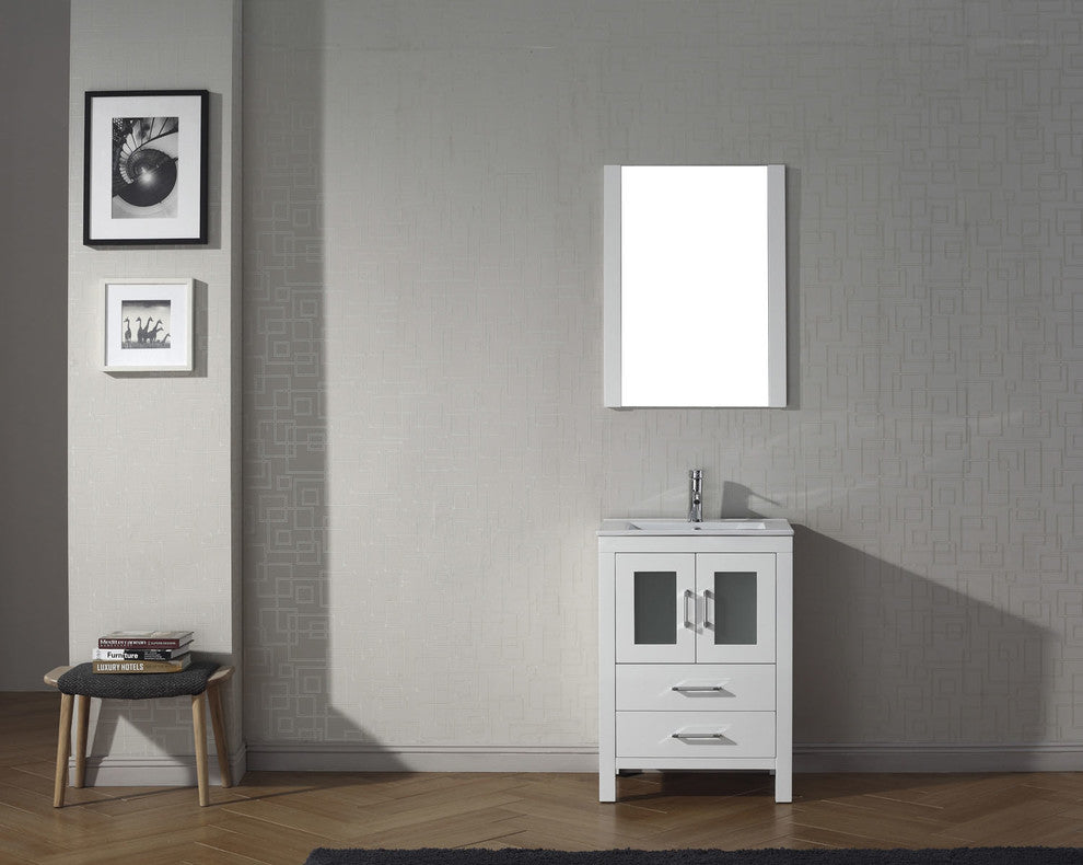 Virtu Dior 24" Single Bathroom Vanity, White, Polished Chrome Faucet, Mirror