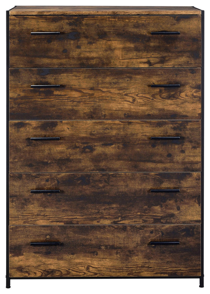 Industrial Vertical Dresser, 5 Drawers With Double Bar Pulls, Rustic Oak/Black
