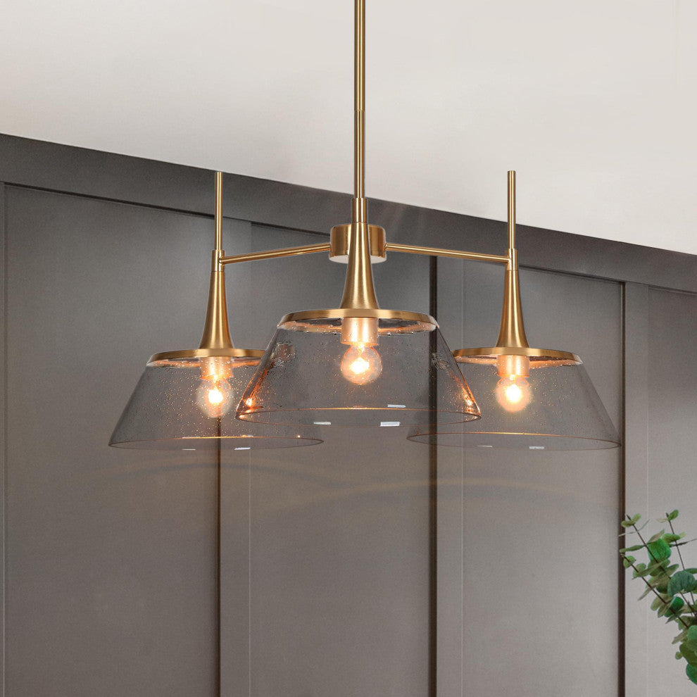 LNC 3-Light Polished Gold with Seedy Glass Linear Modern/Contemporary Chandelier