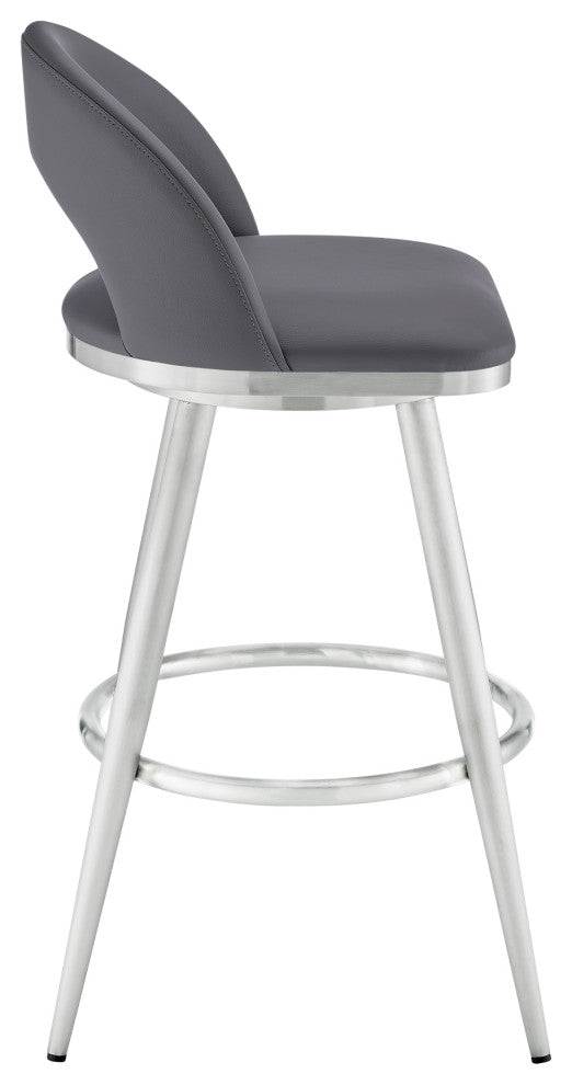 Lottech Swivel Bar Stool, Brushed Stainless Steel With Faux Leather, Gray