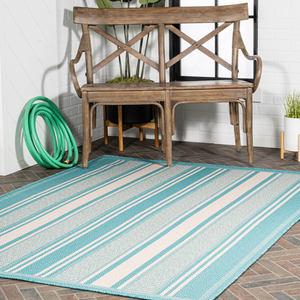 Haynes Modern Double Stripe Indoor/Outdoor Area Rug, Aqua/Beige, 8x10