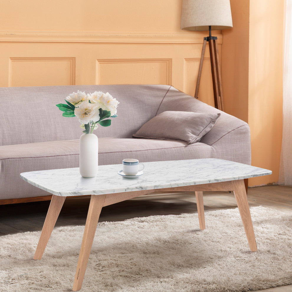 Faura 18" x 43.5" Rectangular Italian Carrara White Marble Table With Oak Legs
