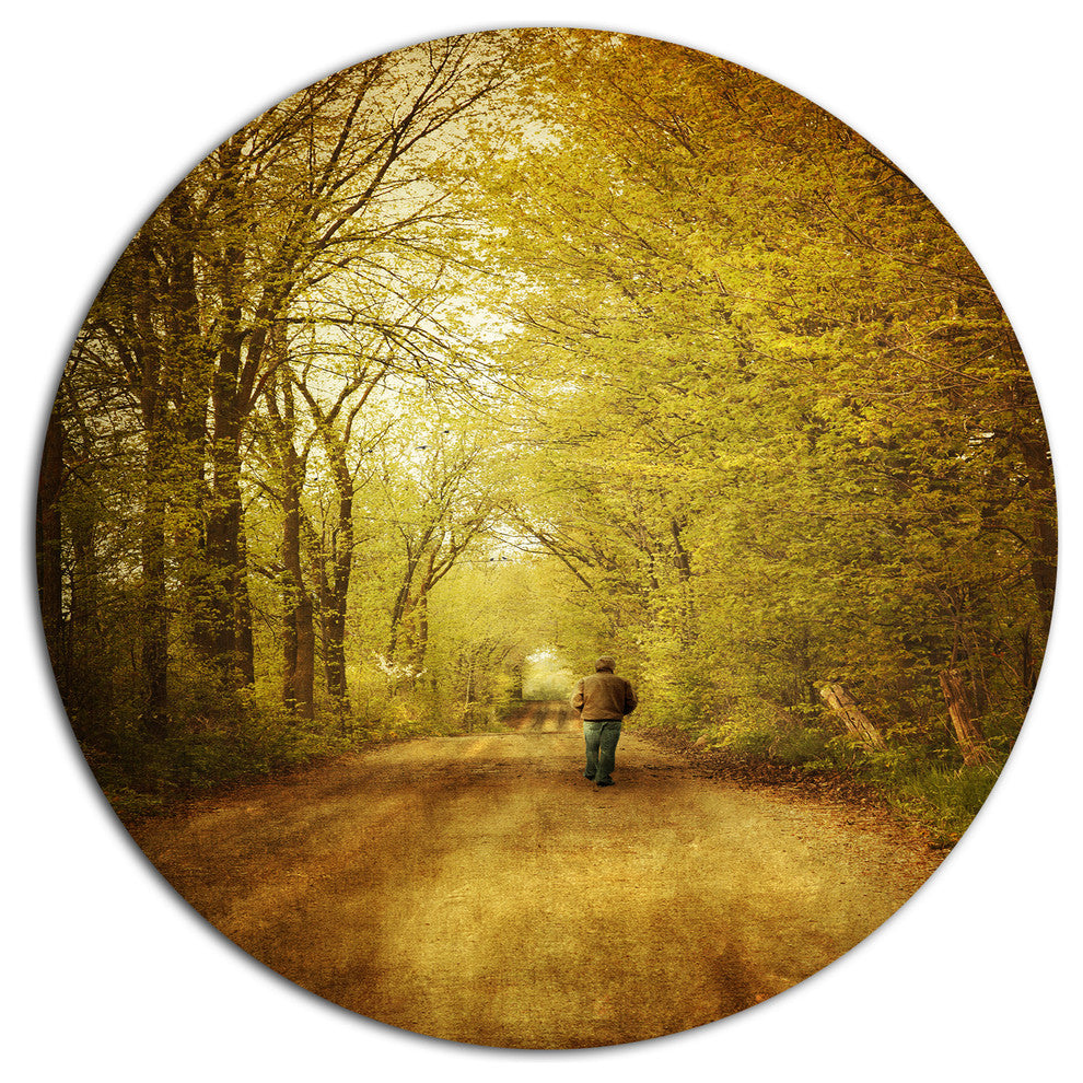Man Walking Lonely On Rural Road, Landscape Round Wall Art, 11"
