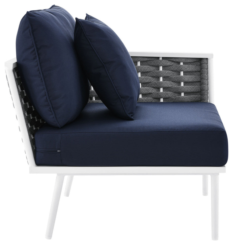 Lounge Chair, Navy White, Aluminum, Modern, Outdoor Patio Bistro Hospitality