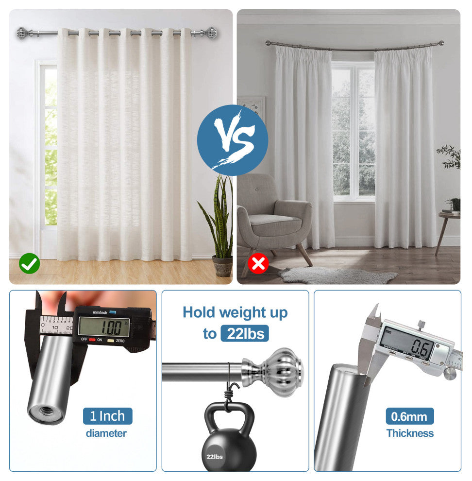 1" Doorknob Drapery Curtain Rod, Brushed Steel, 28"-48"