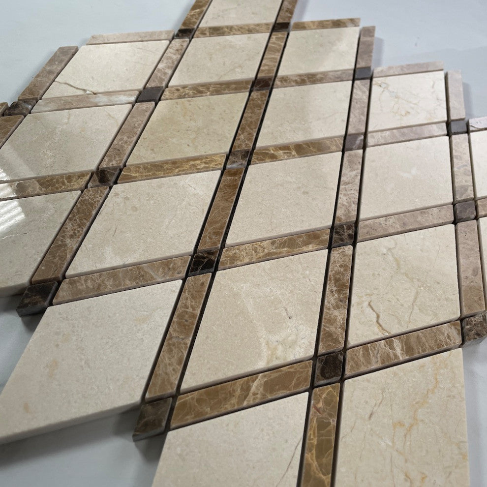 Crema Marfil Marble Diamond Lattice Tile Emperador Brown Polished, 1 sheet