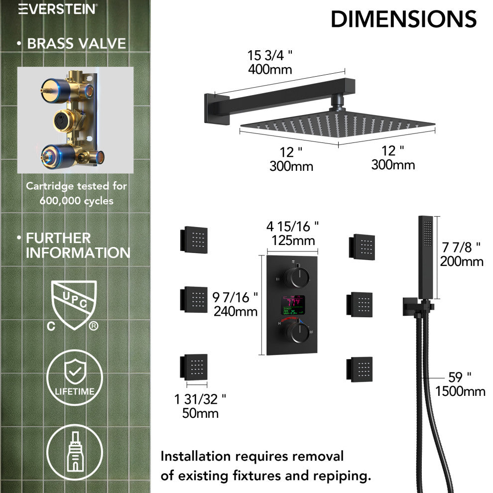 LED Temperature Digital Display Shower System With Body Jets, Matte Black, 12 Inches