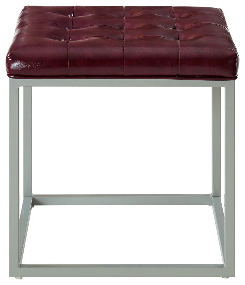 Teresa PU Leather Button Tufted Metal Frame Cube Ottoman, Purple