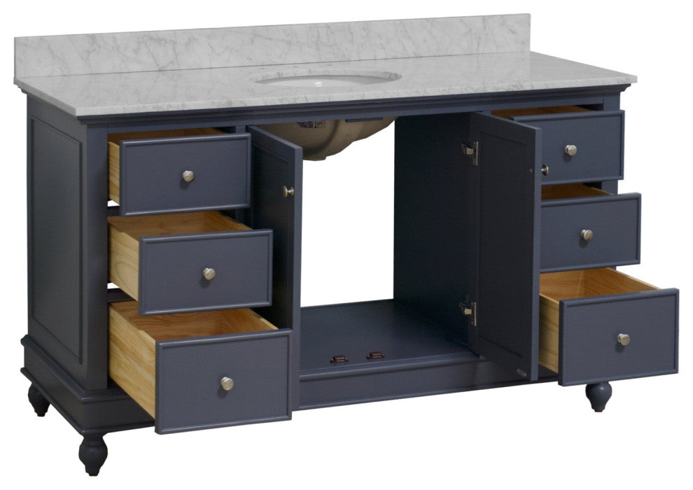 Bella 60" Bathroom Vanity, Marine Gray, Carrara Marble, Single Vanity