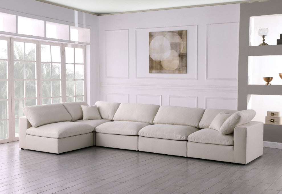 Plush Velvet / Down Standard Comfort L-Shaped Modular Sectional, Cream, 5-Piece: 3 Armless Chair, 2 Corner Chair