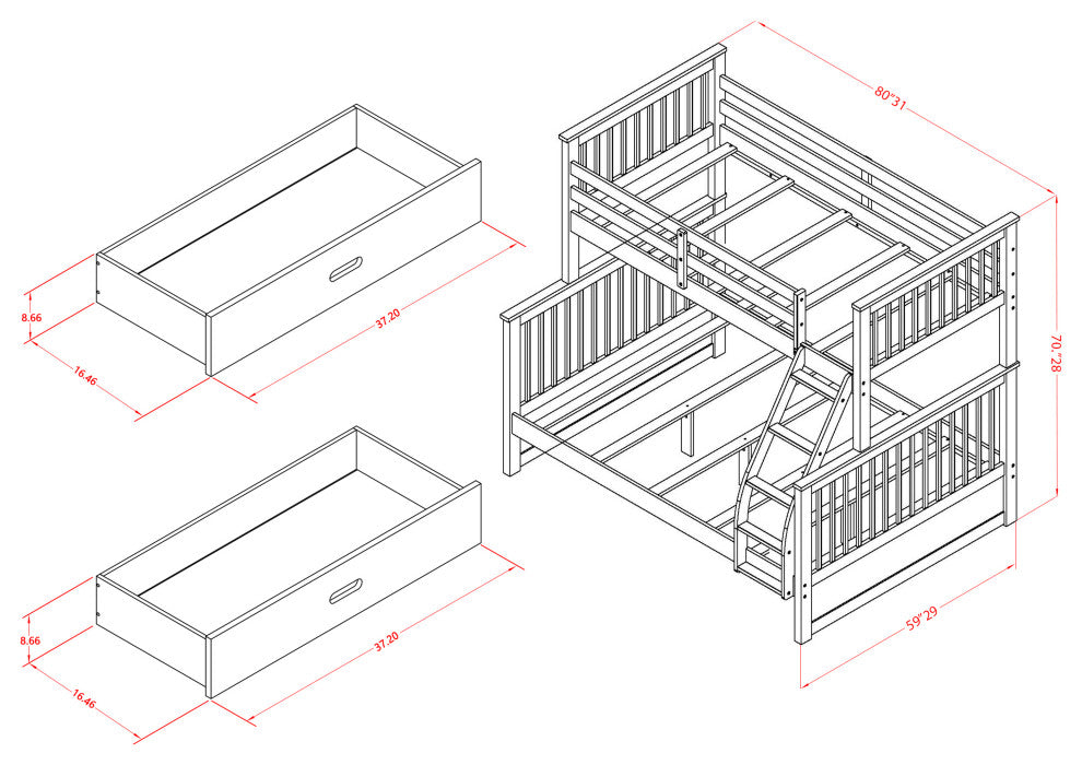 Twin Bed, Two Split Beds, The Both Beds Secure Due To Guard Rails, Walnut Finish