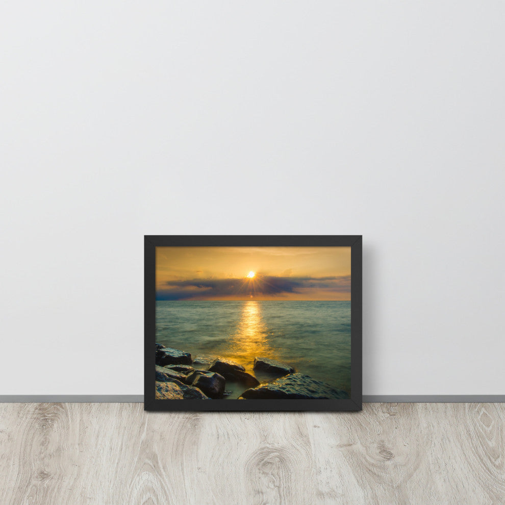 Sun Ray on the Water Coastal Landscape Framed Photo Paper Wall Art Print, Black, 11" X 14"