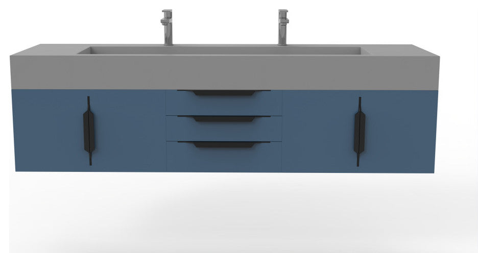 CastelloUSA Nile 72" Wall Mounted Bathroom Vanity Set, Blue, Gray Top, Black Handles