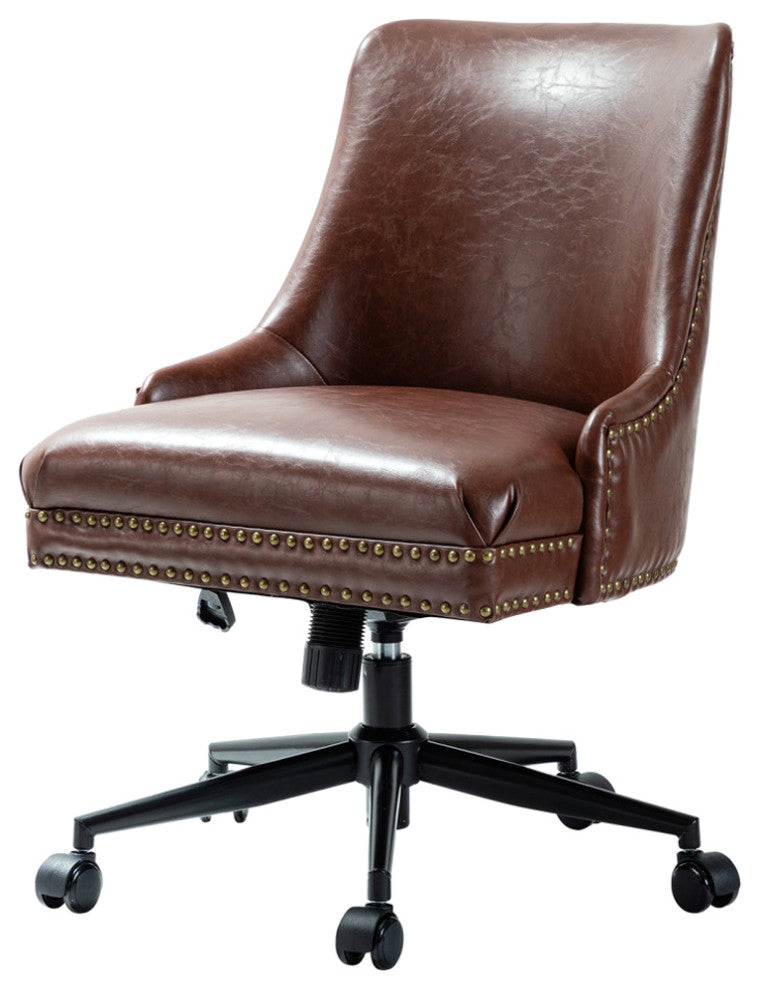 Upholstered Swivel Task Chair With Nailhead Trim, Brown