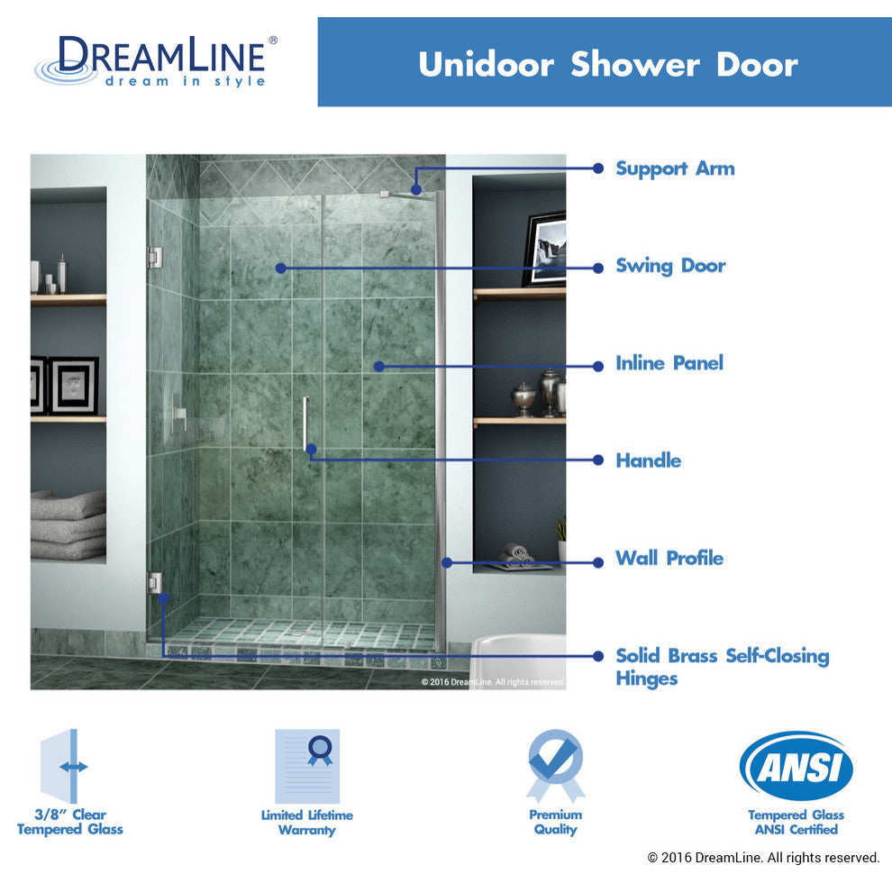DreamLine Unidoor 47" to 48" Frameless Hinged Shower Door, Brushed Nickel