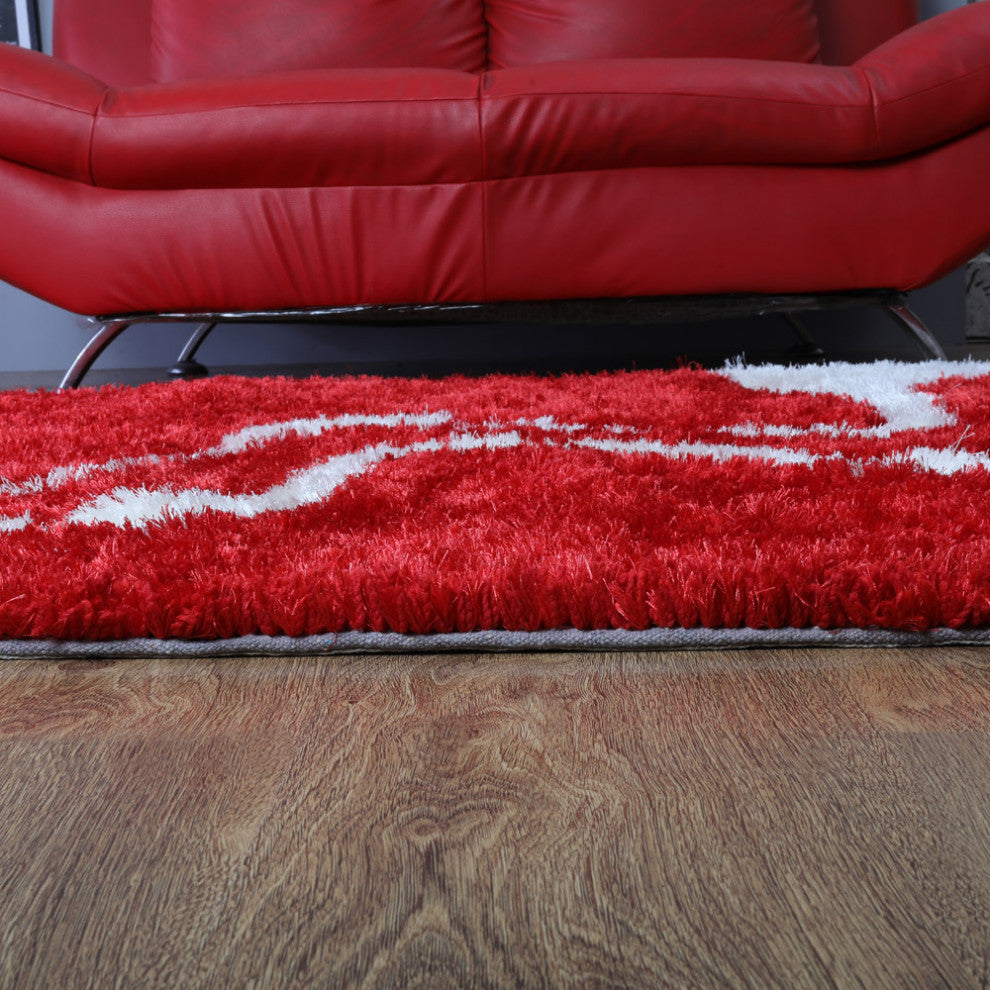 Hand Tufted Shag Polyester Area Rug Contemporary Red White, [Square] 8'x8'