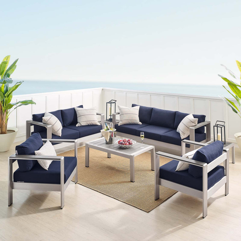 Sectional Sofa Chair Table Set, Sunbrella, Aluminum, Silver Blue Navy, Outdoor