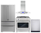 4-Piece 240V Dual Fuel Range, Range Hood, Dishwasher & Refrigerator Set