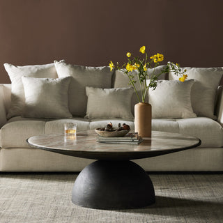 Corbett Large Coffee Table Creamy Taupe Marble, Hammered Grey