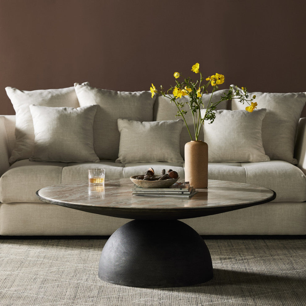 Corbett Large Coffee Table Creamy Taupe Marble, Hammered Grey